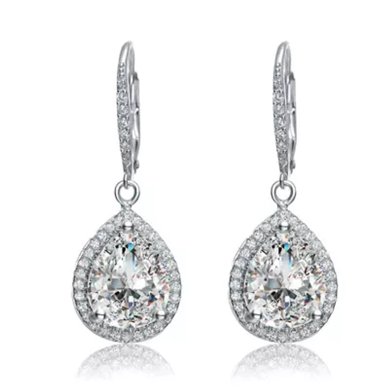 Lab Created Sterling Silver White Gold Plated with Clear Pear Drop Cubic Zirconia LeverBack Earrings