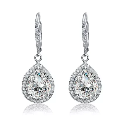 Lab Created Sterling Silver White Gold Plated with Clear Pear Drop Cubic Zirconia LeverBack Earrings