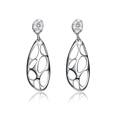 Lab Created Sterling Silver White Gold Plated with Clear Cubic Zirconia Oval Drop Lace Design Earrings