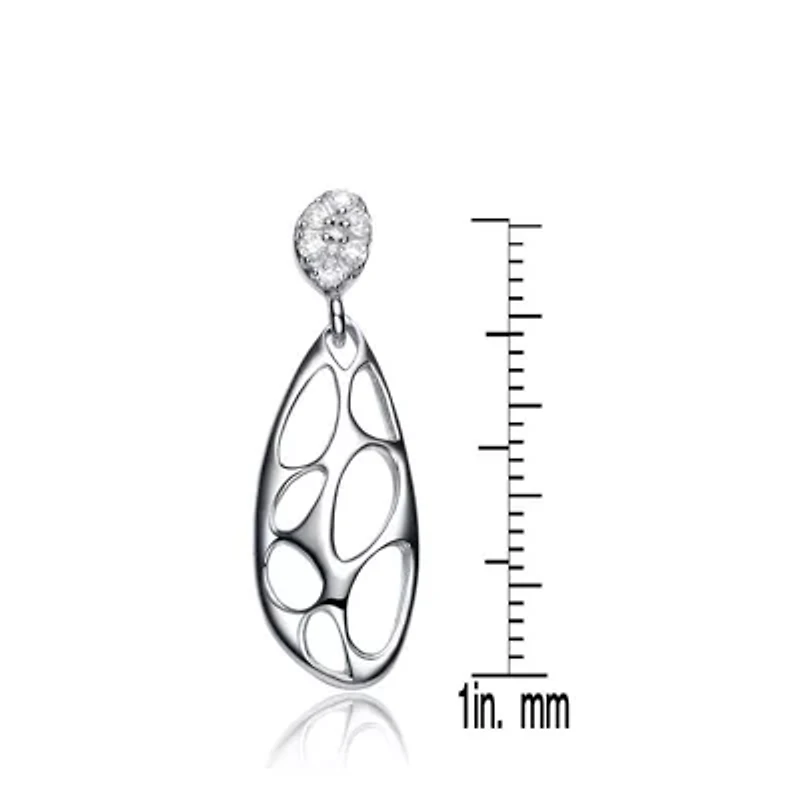 Lab Created Sterling Silver White Gold Plated with Clear Cubic Zirconia Oval Drop Lace Design Earrings