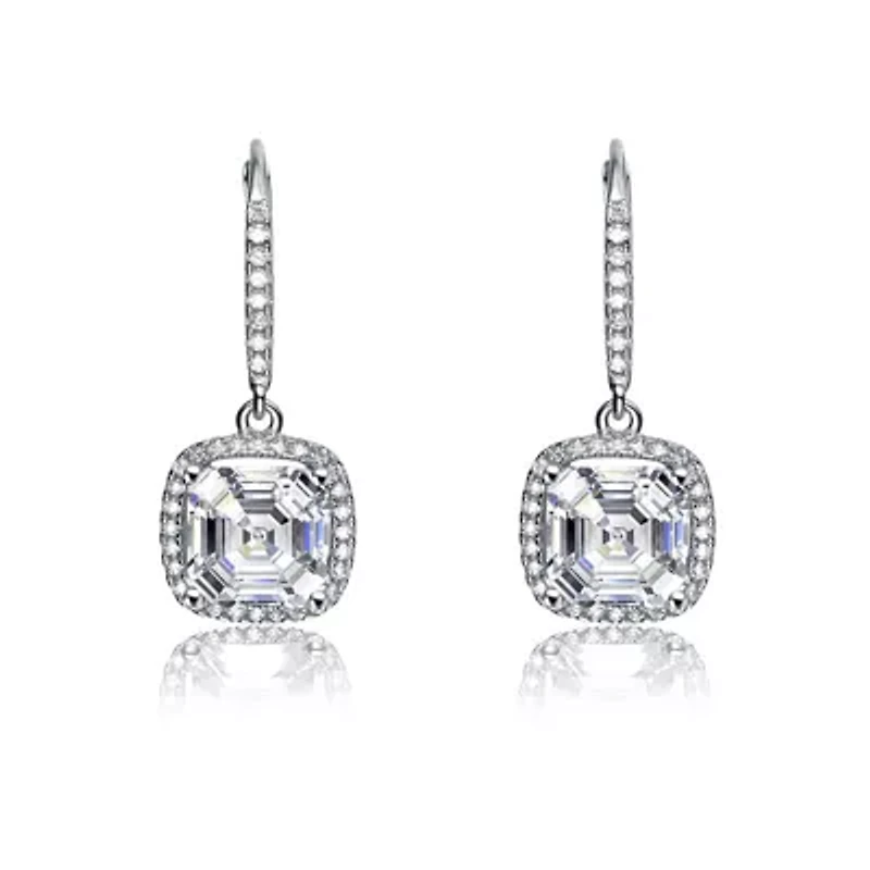 Lab Created Sterling Silver White Gold Plated with Clear Cubic Zirconia Radiant Square Drop Earrings