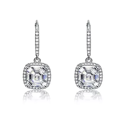 Lab Created Sterling Silver White Gold Plated with Clear Cubic Zirconia Radiant Square Drop Earrings