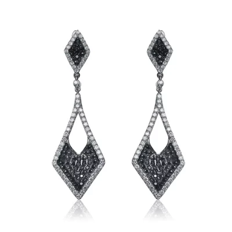 Lab Created Sterling Silver Black Plated & White Gold Plated Kite Shape Drop Earrings