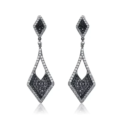 Lab Created Sterling Silver Black Plated & White Gold Plated Kite Shape Drop Earrings