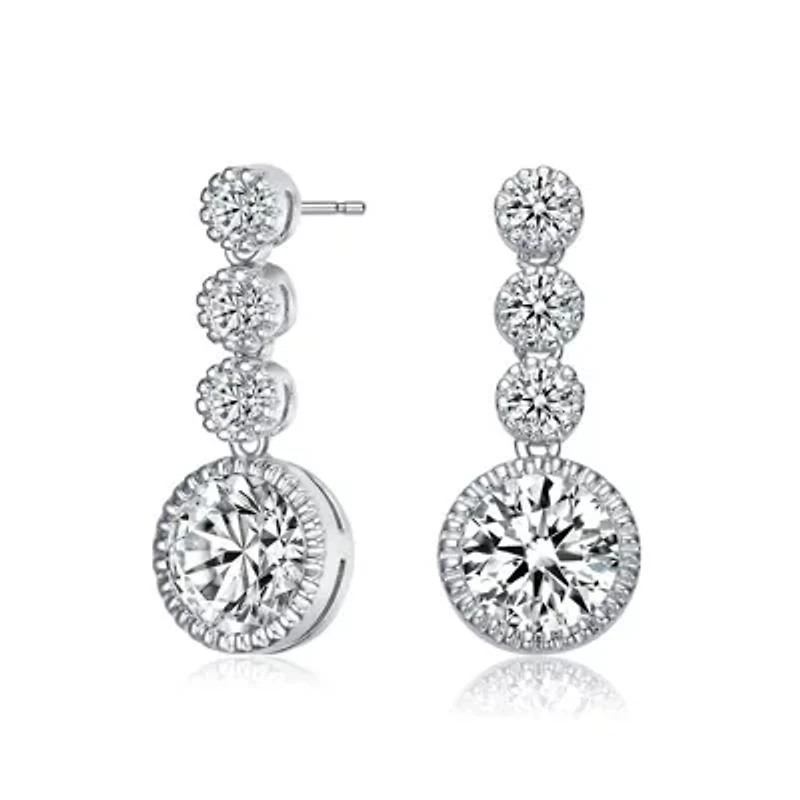 Lab Created Sterling Silver White Gold Plated with Clear Round Cubic Zirconia Bezel Set Three Stone Drop Earrings