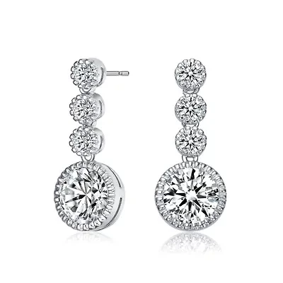 Lab Created Sterling Silver White Gold Plated with Clear Round Cubic Zirconia Bezel Set Three Stone Drop Earrings