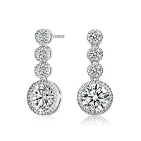 Lab Created Sterling Silver White Gold Plated with Clear Round Cubic Zirconia Bezel Set Three Stone Drop Earrings