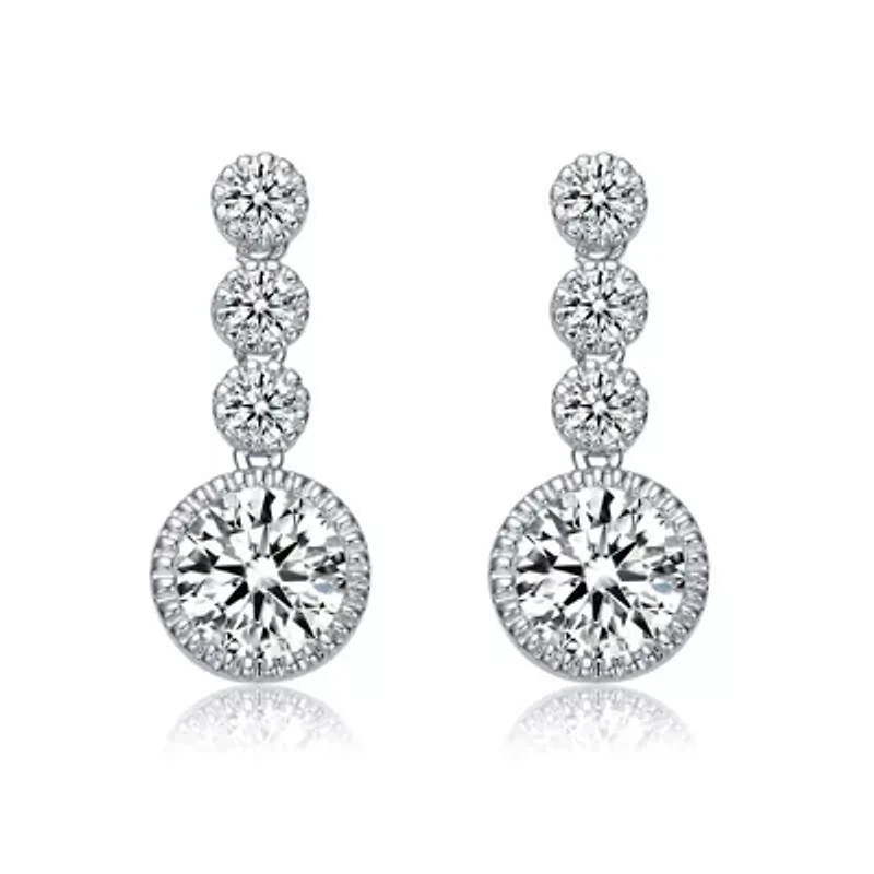 Lab Created Sterling Silver White Gold Plated with Clear Round Cubic Zirconia Bezel Set Three Stone Drop Earrings