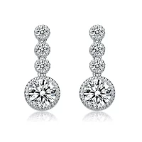 Lab Created Sterling Silver White Gold Plated with Clear Round Cubic Zirconia Bezel Set Three Stone Drop Earrings