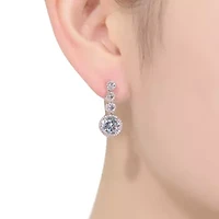 Lab Created Sterling Silver White Gold Plated with Clear Round Cubic Zirconia Bezel Set Three Stone Drop Earrings