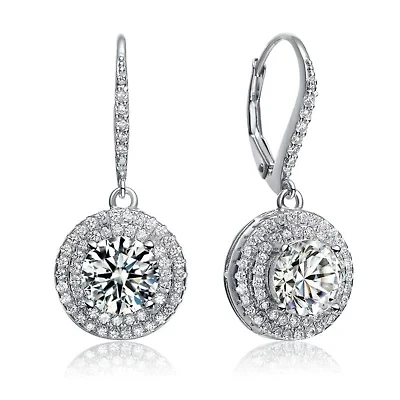 Lab Created Sterling Silver White Gold Plated with Clear Cubic Zirconia Circle Drop Earrings