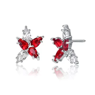 Lab Created Sterling Silver White Gold Plated with Ruby Red Cubic Zirconia Stud Earrings