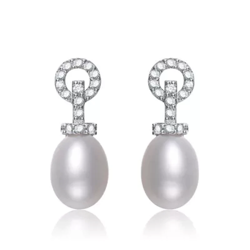 Lab Created Sterling Silver White Gold Plated with Cubic Zirconia & Pearl Drop Earrings