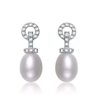 Lab Created Sterling Silver White Gold Plated with Cubic Zirconia & Pearl Drop Earrings