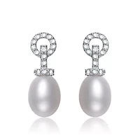 Lab Created Sterling Silver White Gold Plated with Cubic Zirconia & Pearl Drop Earrings