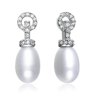 Lab Created Sterling Silver White Gold Plated with Cubic Zirconia & Pearl Drop Earrings