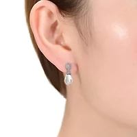Lab Created Sterling Silver White Gold Plated with Cubic Zirconia & Pearl Drop Earrings