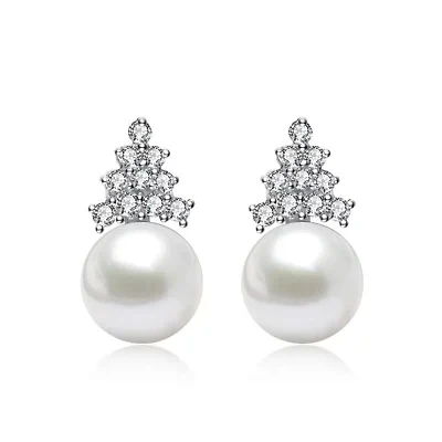 Lab Created Sterling Silver White Gold Plated with Clear Cubic Zirconia & White Pearl Earrings