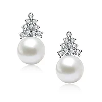 Lab Created Sterling Silver White Gold Plated with Clear Cubic Zirconia & White Pearl Earrings