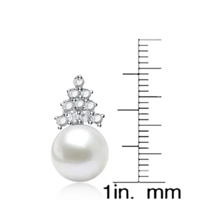 Lab Created Sterling Silver White Gold Plated with Clear Cubic Zirconia & White Pearl Earrings
