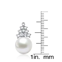 Lab Created Sterling Silver White Gold Plated with Clear Cubic Zirconia & White Pearl Earrings