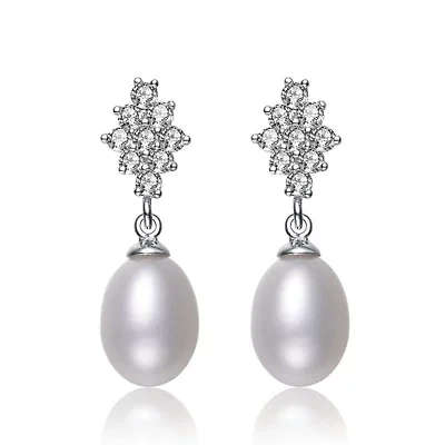 Lab Created Sterling Silver White Gold Plated with Freshwater Pearl Dangle Earrings