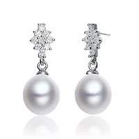 Lab Created Sterling Silver White Gold Plated with Freshwater Pearl Dangle Earrings