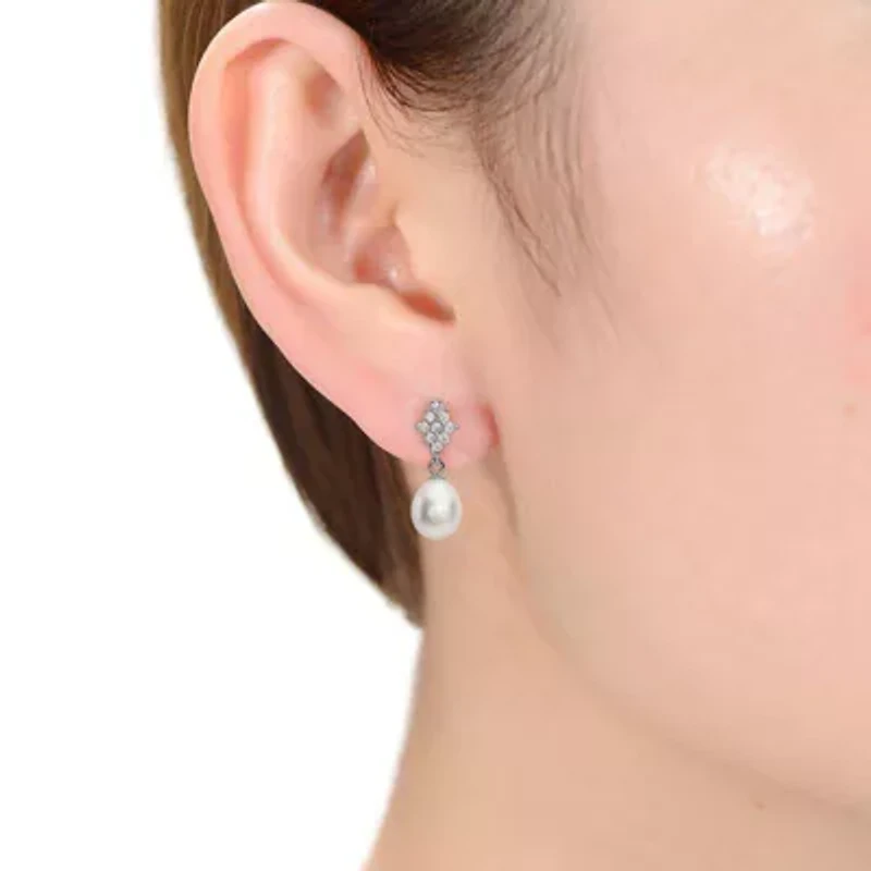 Lab Created Sterling Silver White Gold Plated with Freshwater Pearl Dangle Earrings