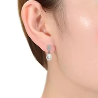 Lab Created Sterling Silver White Gold Plated with Freshwater Pearl Dangle Earrings