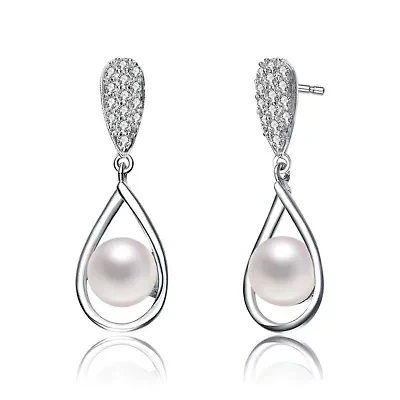 Lab Created Sterling Silver White Gold Plated with White Genuine Pearl & Cubic Zirconia Drop Earrings