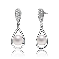 Lab Created Sterling Silver White Gold Plated with White Genuine Pearl & Cubic Zirconia Drop Earrings