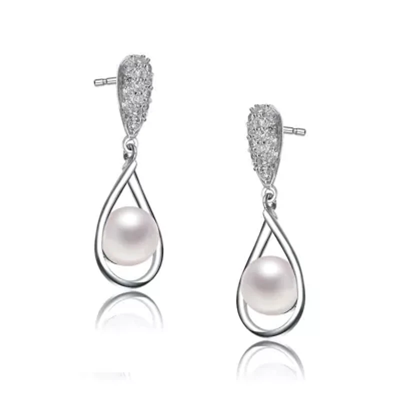 Lab Created Sterling Silver White Gold Plated with White Genuine Pearl & Cubic Zirconia Drop Earrings