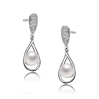 Lab Created Sterling Silver White Gold Plated with White Genuine Pearl & Cubic Zirconia Drop Earrings