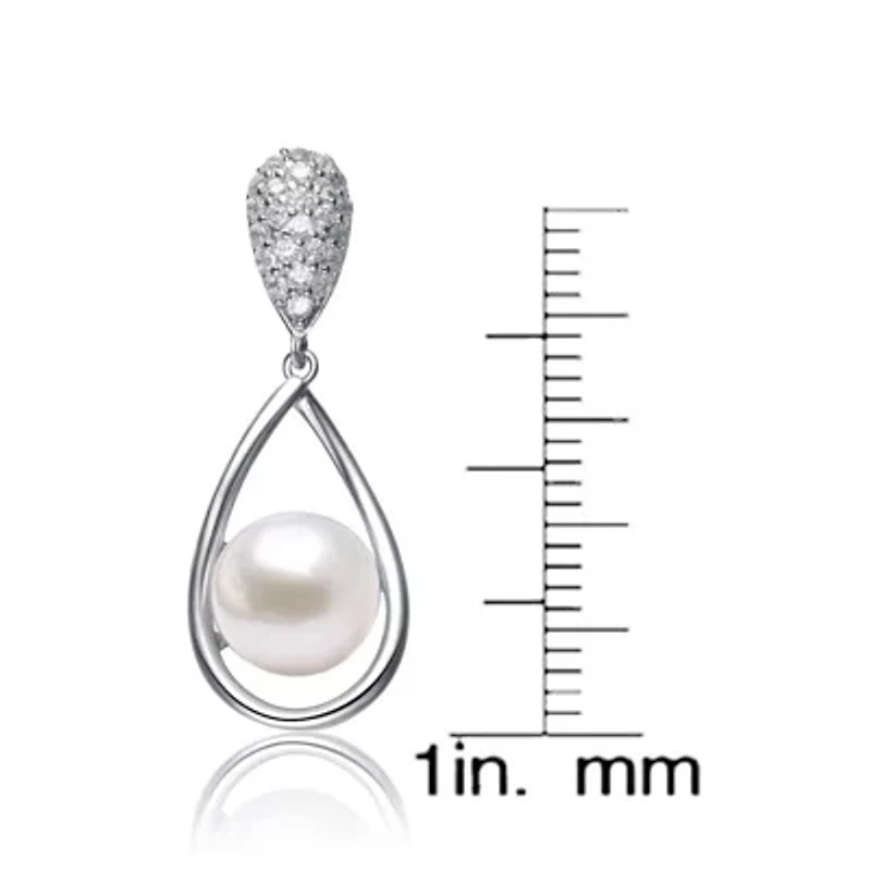Lab Created Sterling Silver White Gold Plated with White Genuine Pearl & Cubic Zirconia Drop Earrings