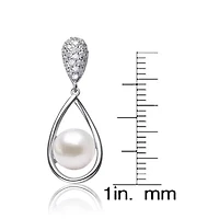 Lab Created Sterling Silver White Gold Plated with White Genuine Pearl & Cubic Zirconia Drop Earrings