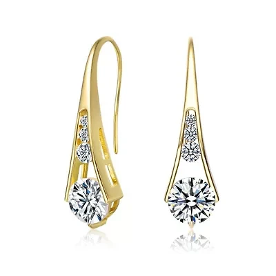 Lab Created Sterling Silver 14K Gold Plated with Clear Cubic Zirconia Pear Drop Hook Earrings