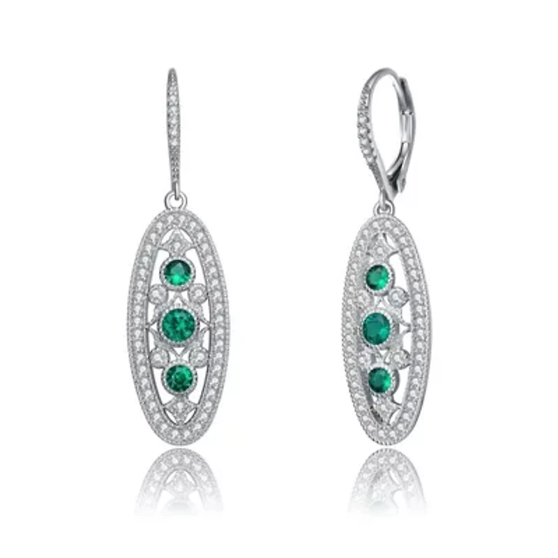 Lab Created Sterling Silver White Gold Plated with Emerald Green Cubic Zirconia Oval Drop Earrings
