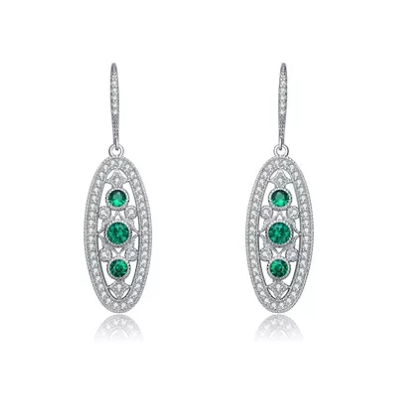 Lab Created Sterling Silver White Gold Plated with Emerald Green Cubic Zirconia Oval Drop Earrings