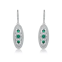 Lab Created Sterling Silver White Gold Plated with Emerald Green Cubic Zirconia Oval Drop Earrings