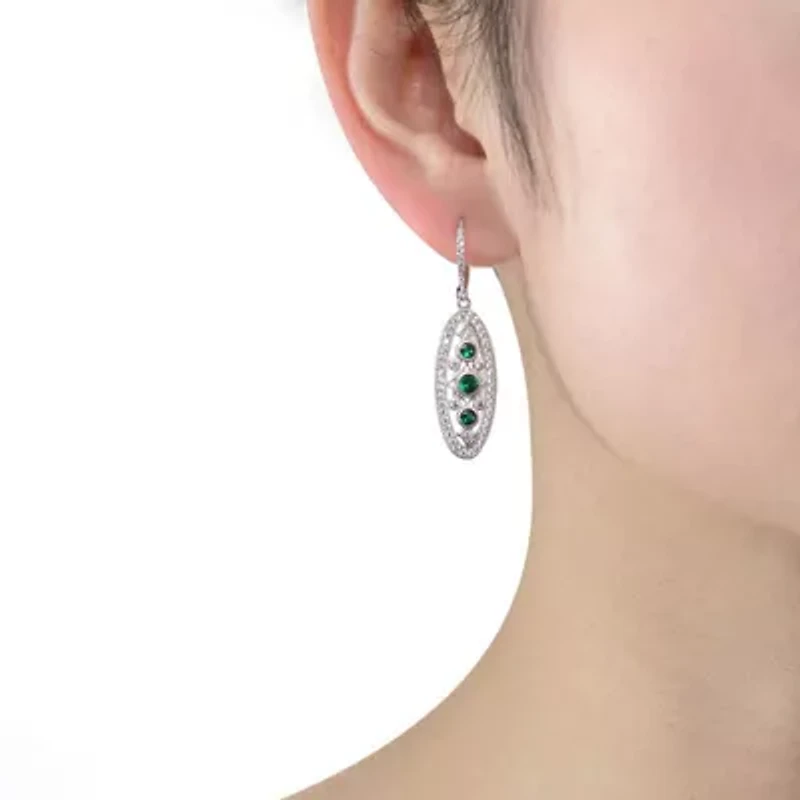 Lab Created Sterling Silver White Gold Plated with Emerald Green Cubic Zirconia Oval Drop Earrings