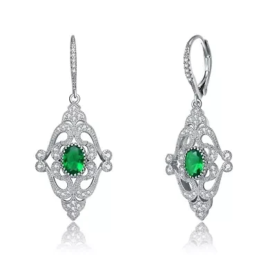 Lab Created Sterling Silver White Gold Plated with Oval and Round Cubic Zirconia Adorn Leverback Earrings