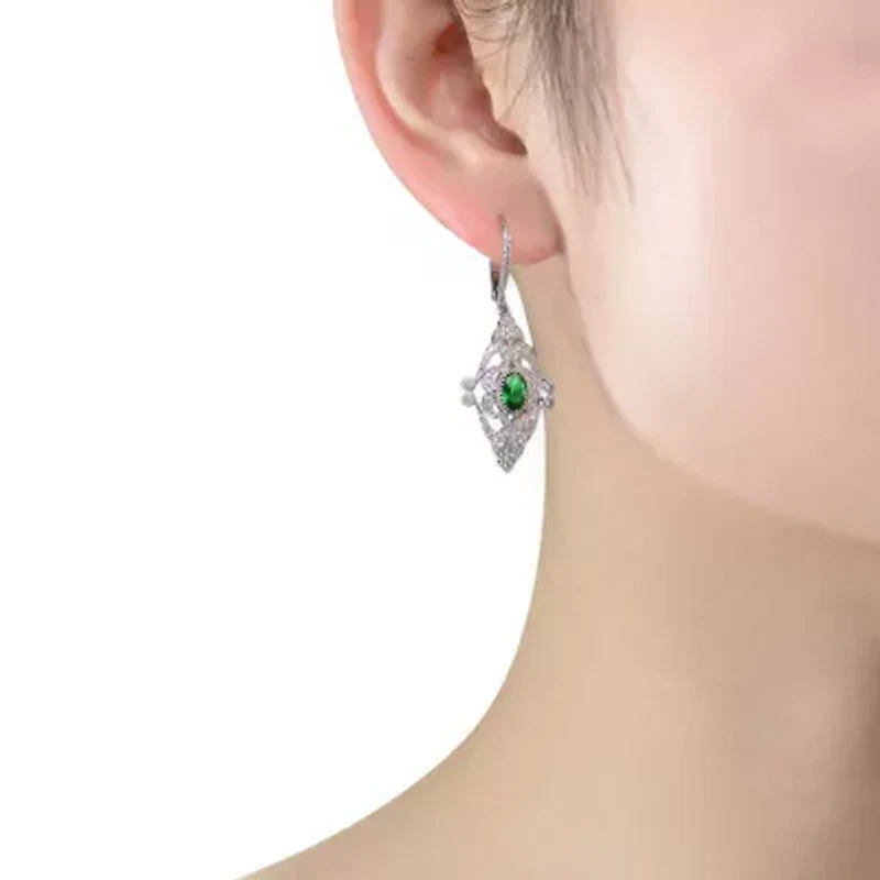 Lab Created Sterling Silver White Gold Plated with Oval and Round Cubic Zirconia Adorn Leverback Earrings