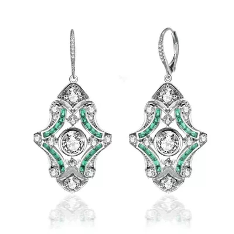 Lab Created Sterling Silver White Gold Plated with Emerald Green Cubic Zirconia Art Deco Lever Back Earrings