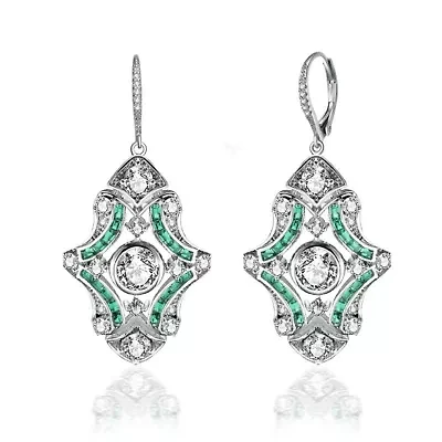 Lab Created Sterling Silver White Gold Plated with Emerald Green Cubic Zirconia Art Deco Lever Back Earrings
