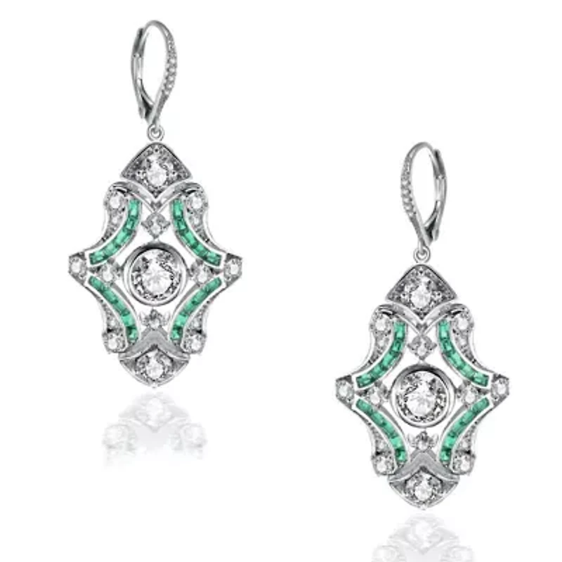 Lab Created Sterling Silver White Gold Plated with Emerald Green Cubic Zirconia Art Deco Lever Back Earrings