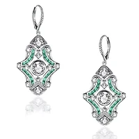 Lab Created Sterling Silver White Gold Plated with Emerald Green Cubic Zirconia Art Deco Lever Back Earrings
