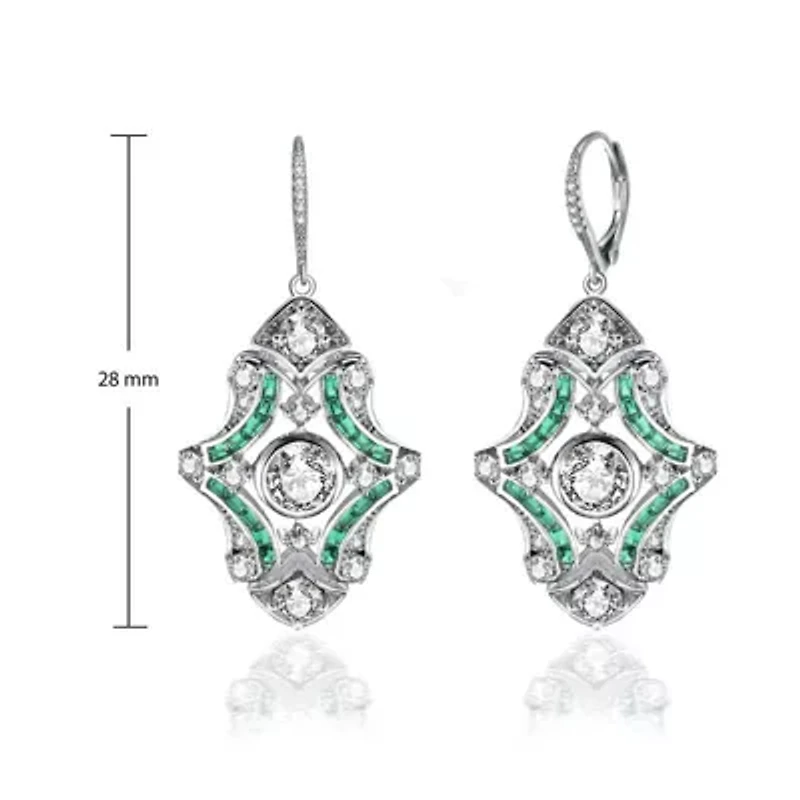 Lab Created Sterling Silver White Gold Plated with Emerald Green Cubic Zirconia Art Deco Lever Back Earrings