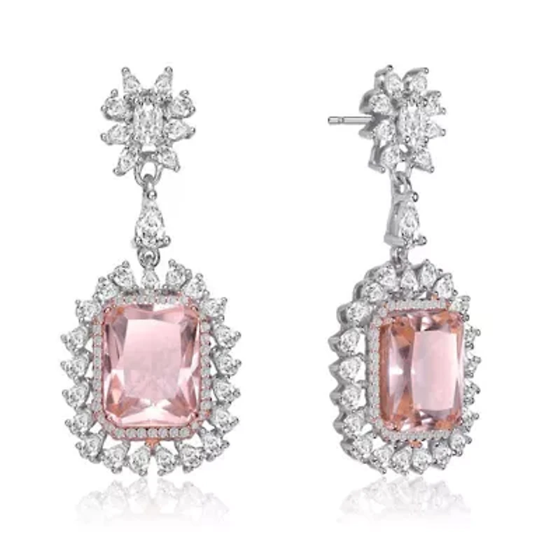 Lab Created Sterling Silver White Gold Plated with Morganite Cubic Zirconia Halo Drop Earrings