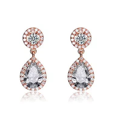 Lab Created Sterling Silver 18K Rose Gold Plated with Clear Cubic Zirconia Pear Drop Earrings
