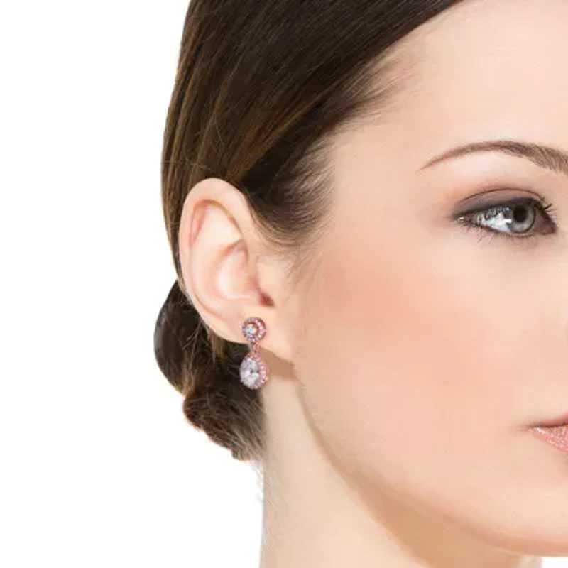 Lab Created Sterling Silver 18K Rose Gold Plated with Clear Cubic Zirconia Pear Drop Earrings